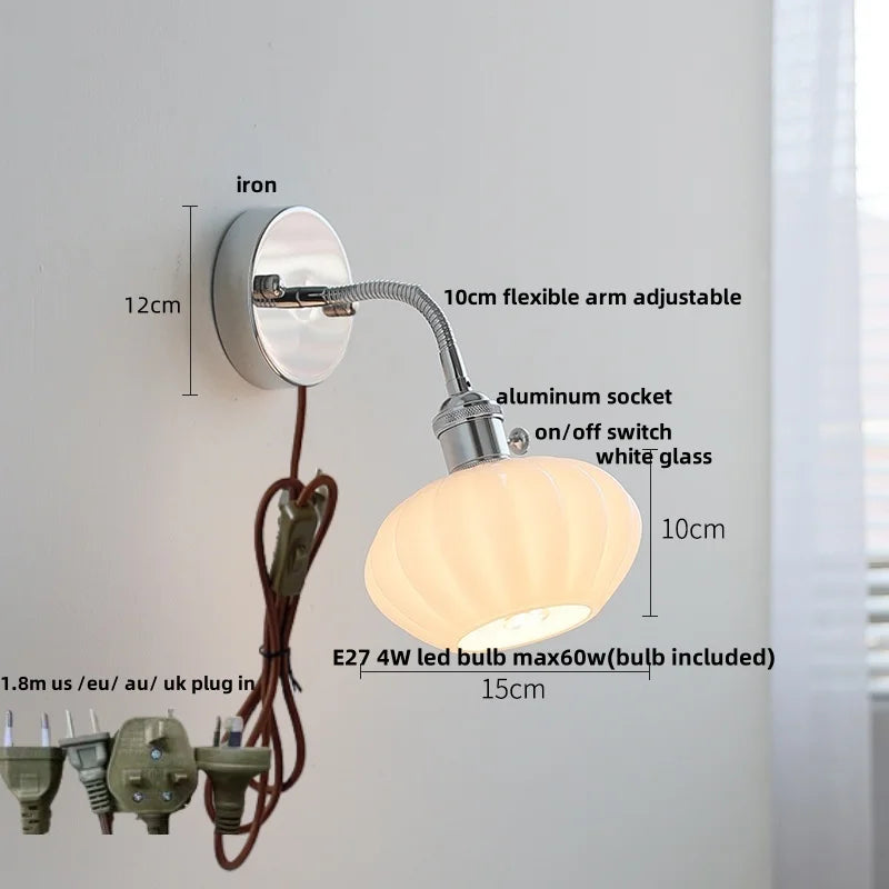 Afralia™ Adjustable Arm LED Wall Light Fixture with Pull Chain Switch, White Glass