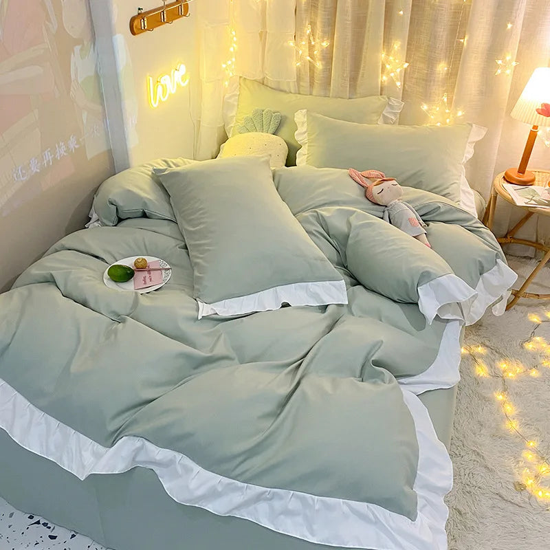 Afralia™ Pure Cotton Ruffle Edge Bedding Set in Solid Color, All Seasons, Single Queen Bed