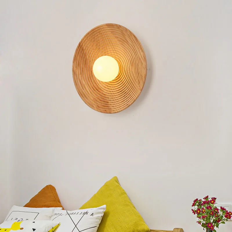 Afralia™ Retro Wood Round Wall Lamp for Bedroom Living Room Lighting