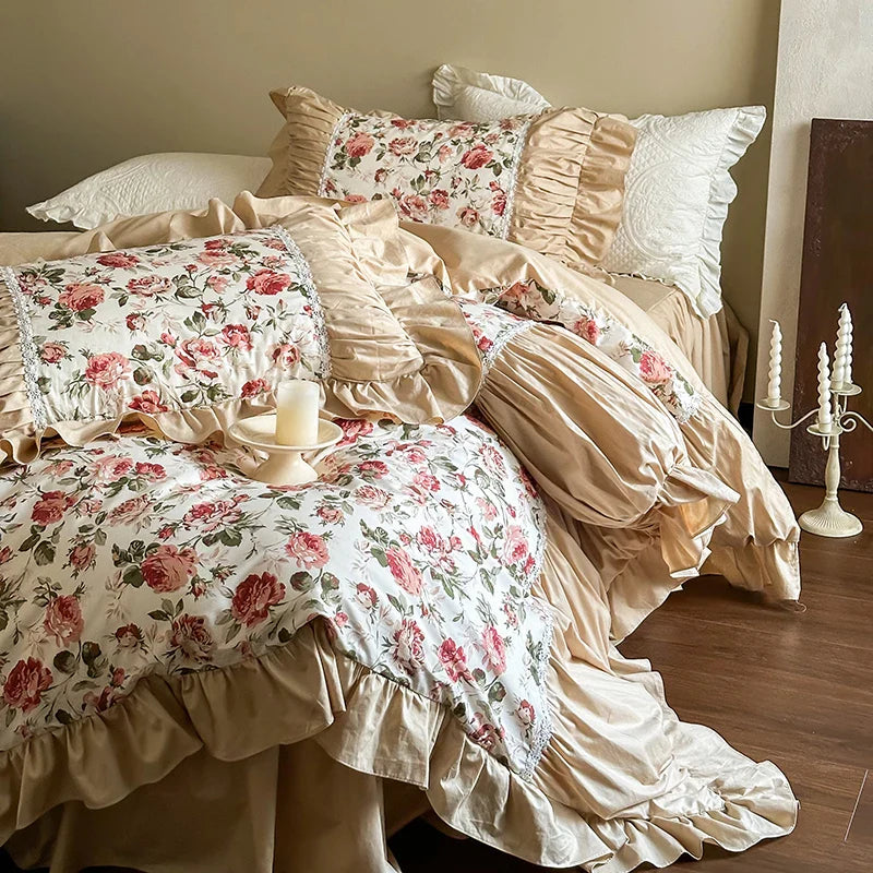 Afralia™ Vintage Floral Lace Ruffles Bedding Set, 100% Cotton, Duvet, Sheets, Pillowcases