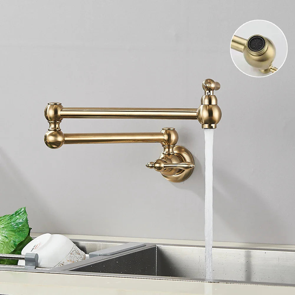 Afralia™ Brushed Gold Brass Pot Filler Faucet with Folding Spout - Wall Mounted Kitchen Tap
