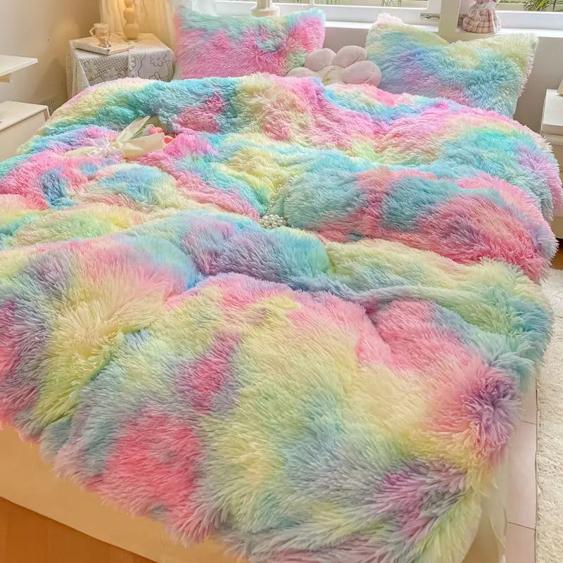 Afralia™ Shaggy Faux Rabbit Fur Bedding Set: Cozy Gradient Coral Fleece Quilt, Duvet Cover, Pillowcases