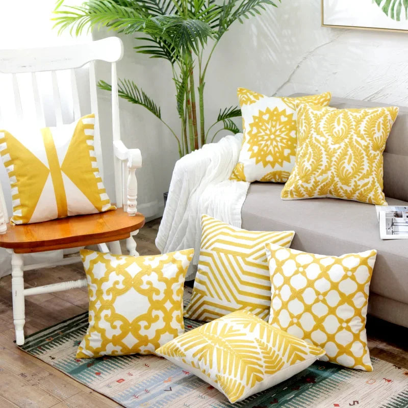 Afralia™ Yellow Geometric Floral Embroidered Canvas Cotton Pillow Cover 45x45cm