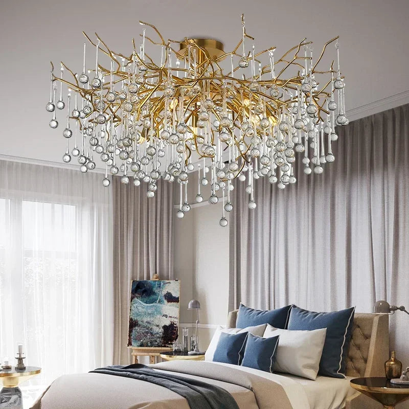 Afralia™ Nordic Gold Crystal Chandelier LED Light Fixture for Living Room Hotel Hall Art Decor