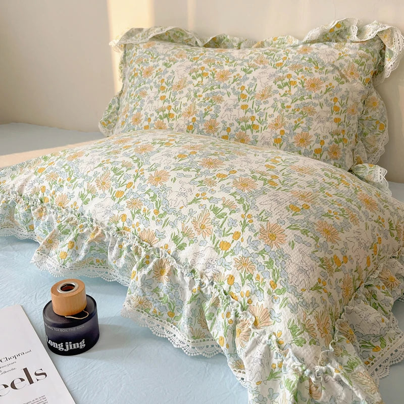 Afralia™ Korean Lace Ruffles Bedding Set with Bed Skirt, Soft Skin-Friendly Material