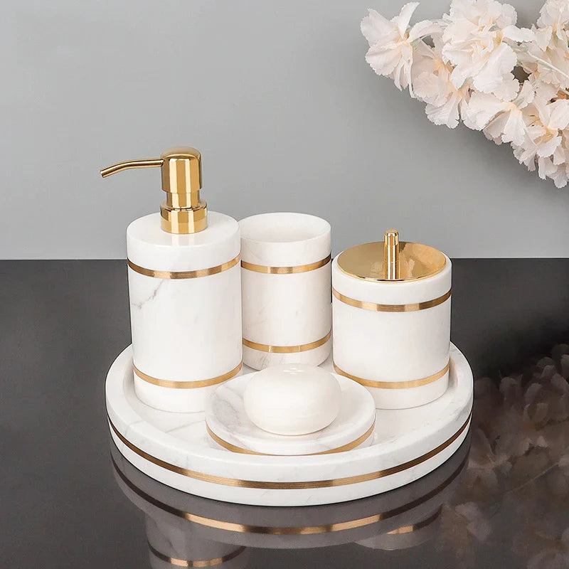 Afralia™ Volakos White Marble Bathroom Set with Golden Accents