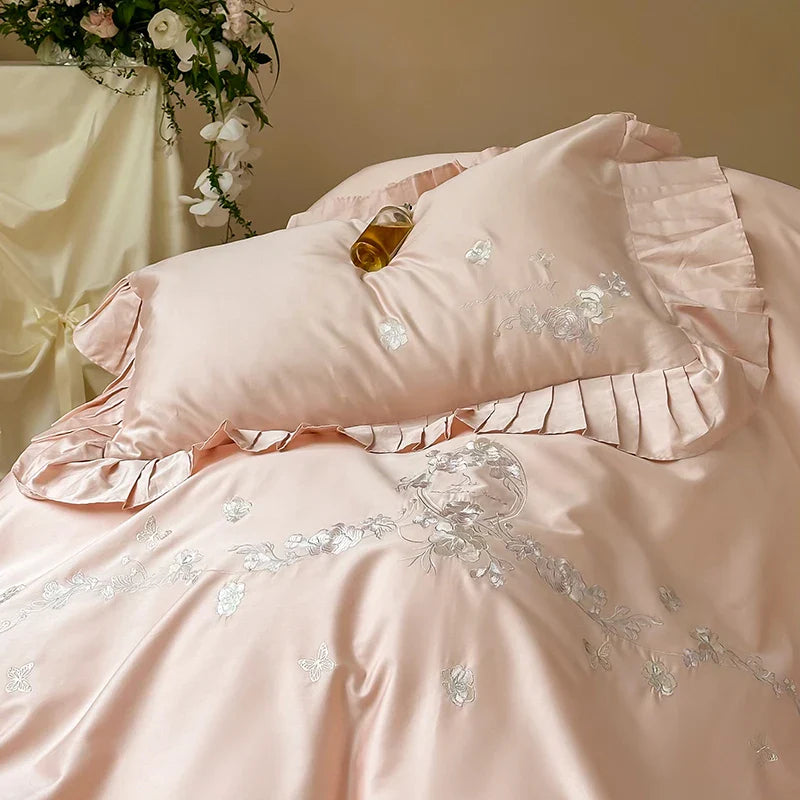Afralia™ Princess Ruffles Flowers Embroidery 1000TC Egyptian Cotton Bedding Set