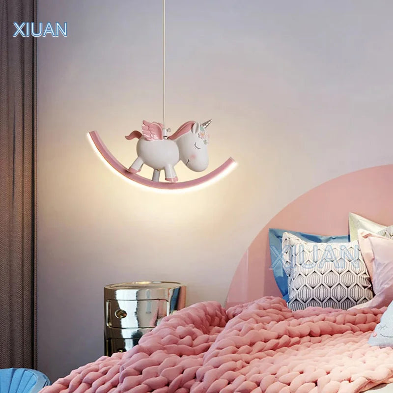 Afralia™ Kids Unicorn Pendant Lamps White Bear Pink Elephant Chandeliers