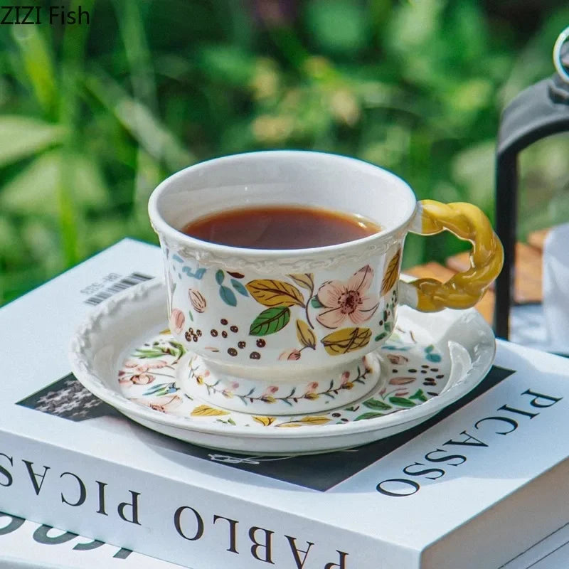 Afralia™ Floral Lace Ceramic Tea Cup & Saucer Set - Elegant Dining Table Drinkware