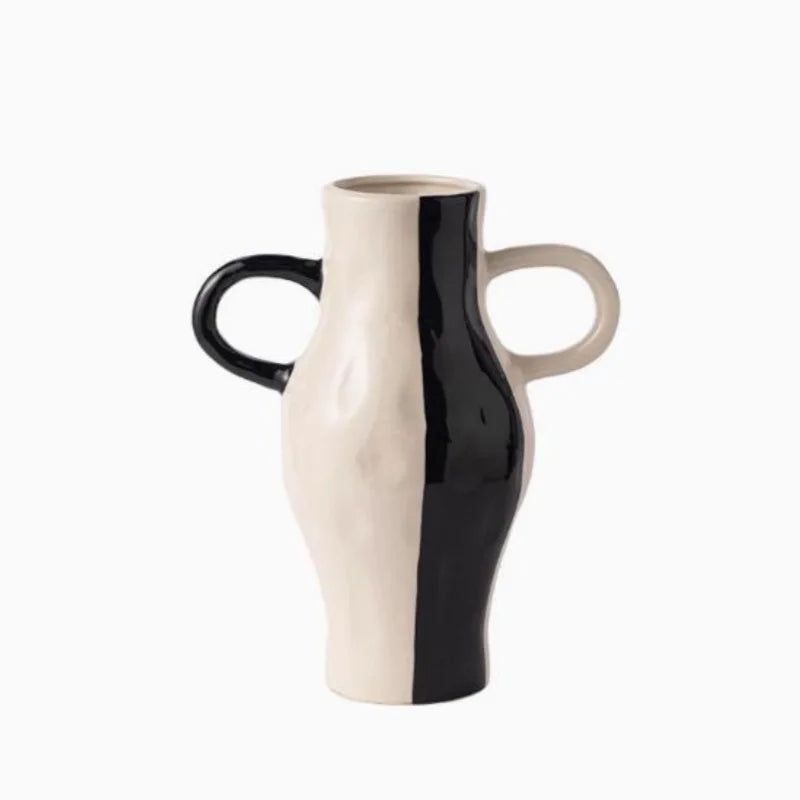 Afralia™ Geometric Check Pattern Ceramic Vase with Handle for Home Decoration