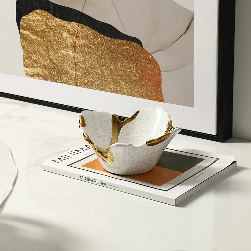 Afralia™ Ceramic Fruit Platter with Golden Crack Design and Wire Tray.