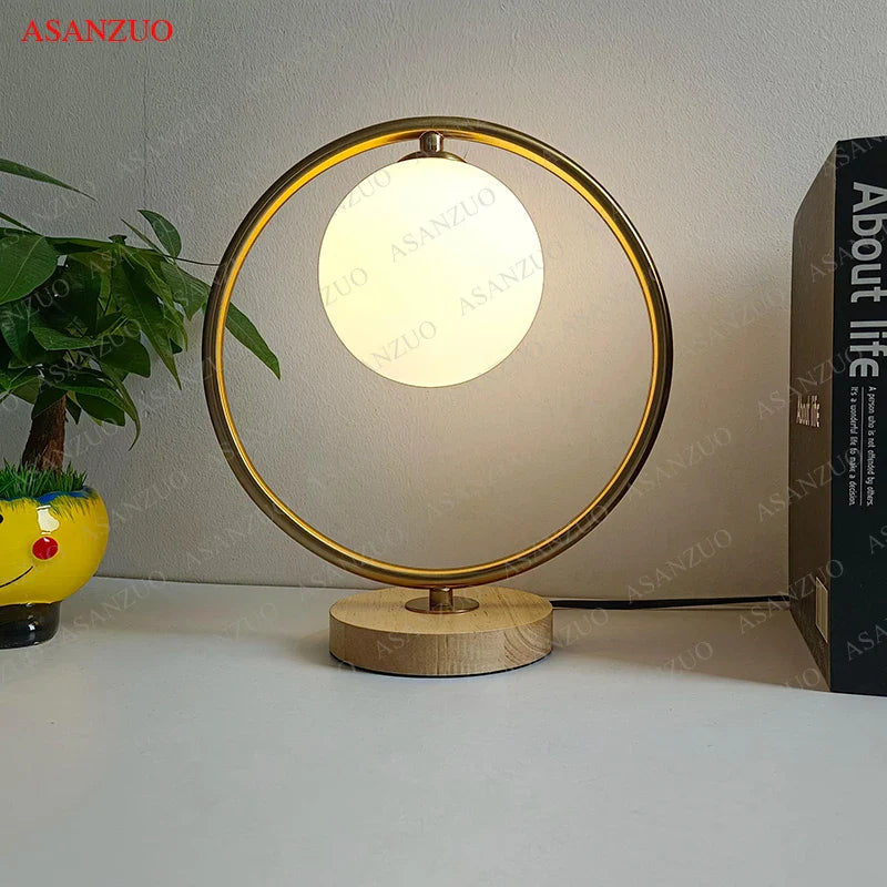 Afralia™ Nordic Glass Ball Wood Table Lamp Bedroom Living Room Decor Light