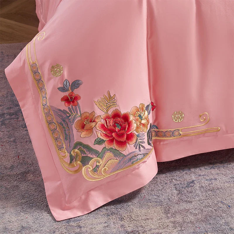 Afralia™ Red Luxury Chinese Wedding Embroidery 4Pcs 800TC Egyptian Cotton Bedding Set