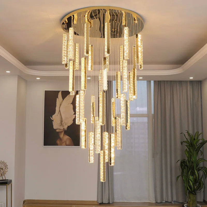 Afralia™ Luxury Crystal LED Chandelier for Modern Living Room and Spiral Staircase