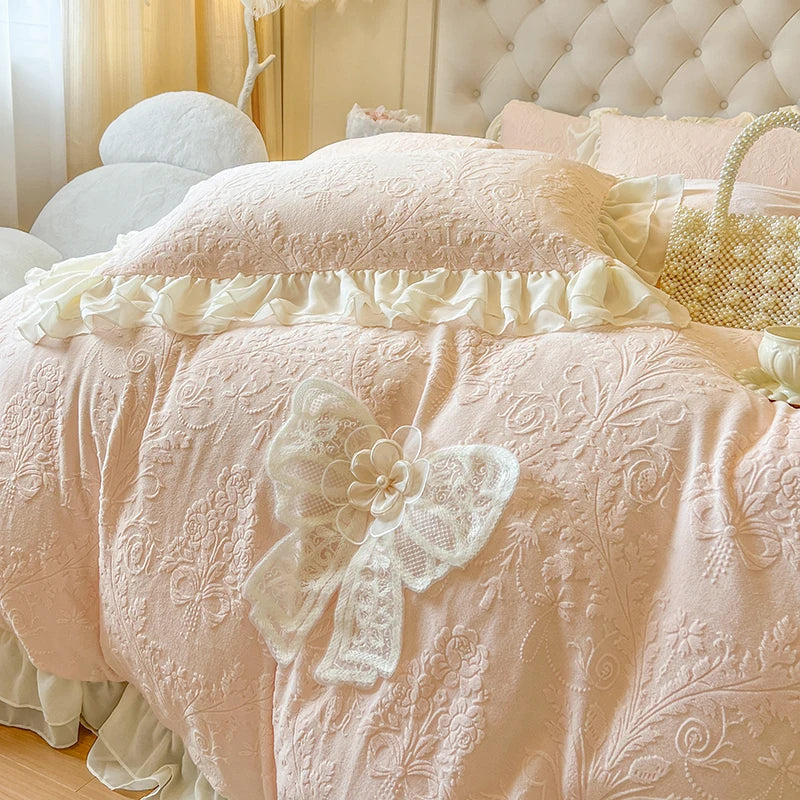 Afralia™ Pink Velvet Princess Bedding Set with Lace Ruffles and Bow Accents
