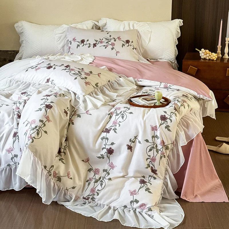 Afralia™ Lace Ruffles Princess Cotton Bedding Set, Floral Quilt Cover, Girls Wedding Home Textiles
