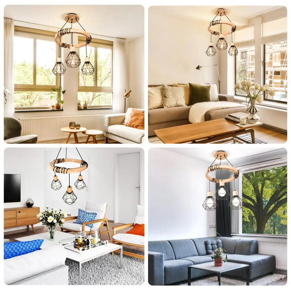Afralia™ Wooden 3-Head Industrial Pendant Chandeliers for Home Decor