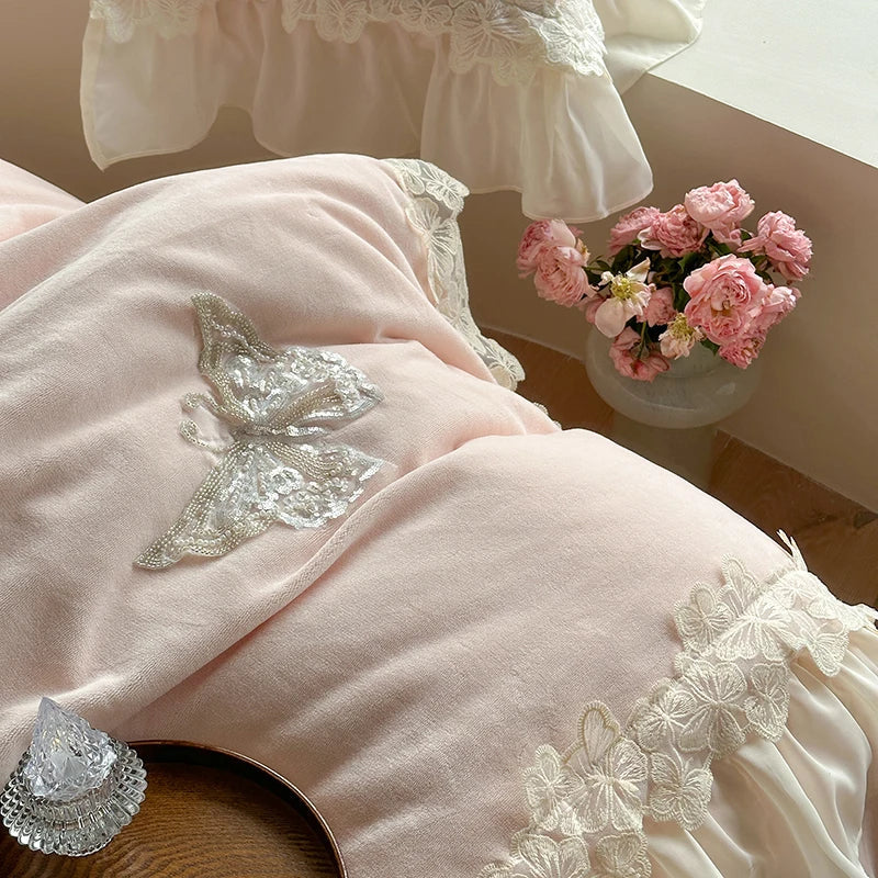 Afralia™ Velvet Fleece Bedding Set with Butterfly Embroidery and French Hollow Lace