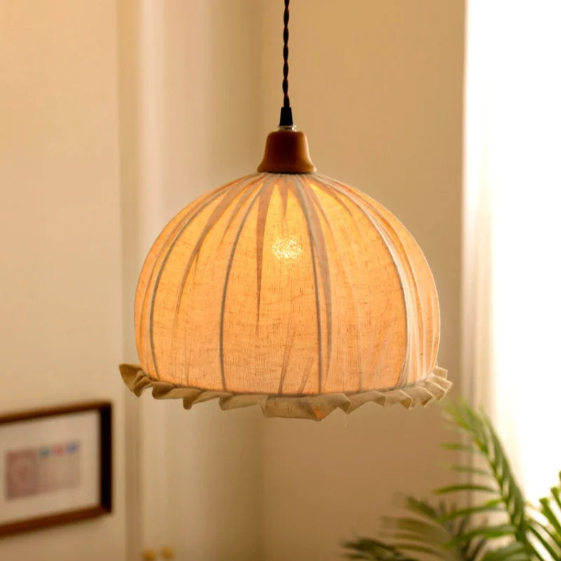 Afralia Beige Cloth LED Pendant Light: Vintage Japanese Style for Kitchen, Dining, and Living Room