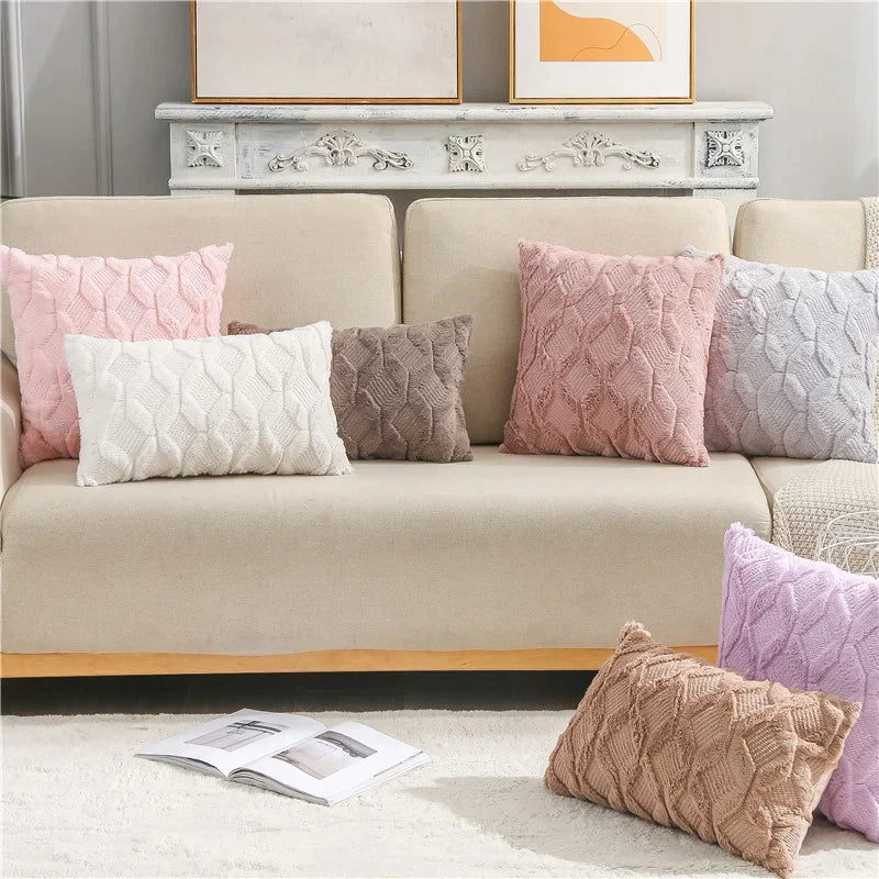 Afralia™ Plush 3D Rhombus Geometry Cushion Cover for Living Room Sofa Decor