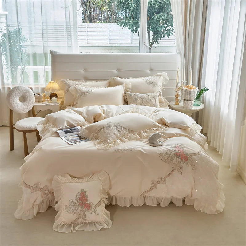 Afralia™ Pink Butterfly Embroidery Lace Princess Wedding Bedding Set