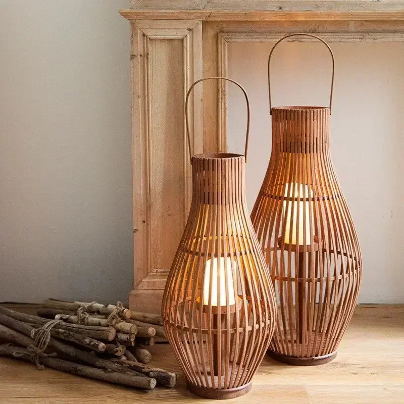 Afralia™ Bamboo Lantern Candle Holder Vintage Nordic Style Wood Floor Decoration