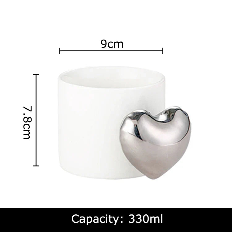 Afralia™ Silver Heart Handle Mug - Ceramic Coffee Cup for Dining Table or Afternoon Tea