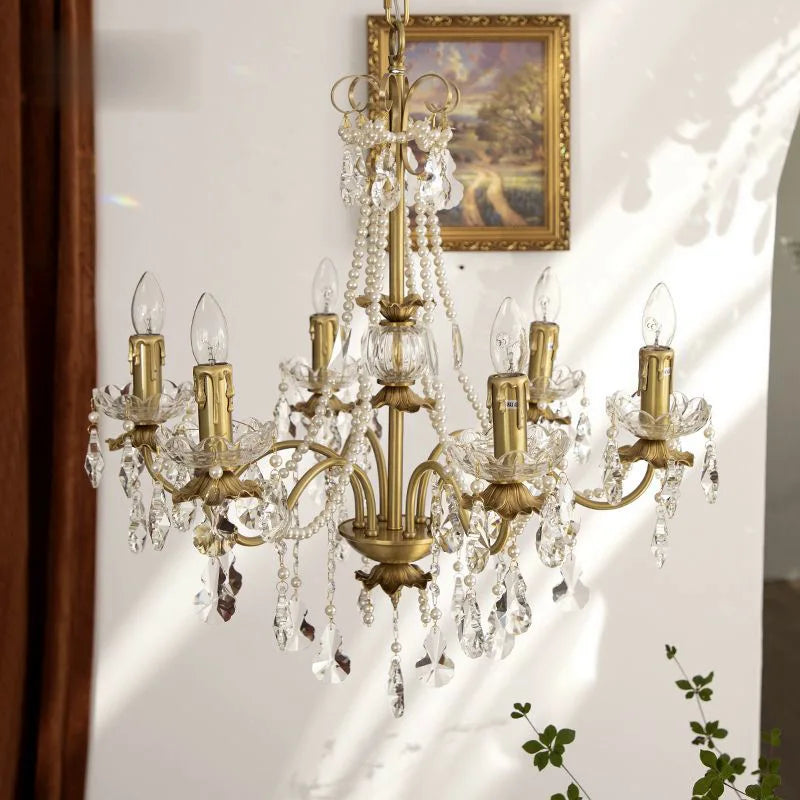 Afralia™ Copper Chandelier French Pearl Crystal Vintage European American Style