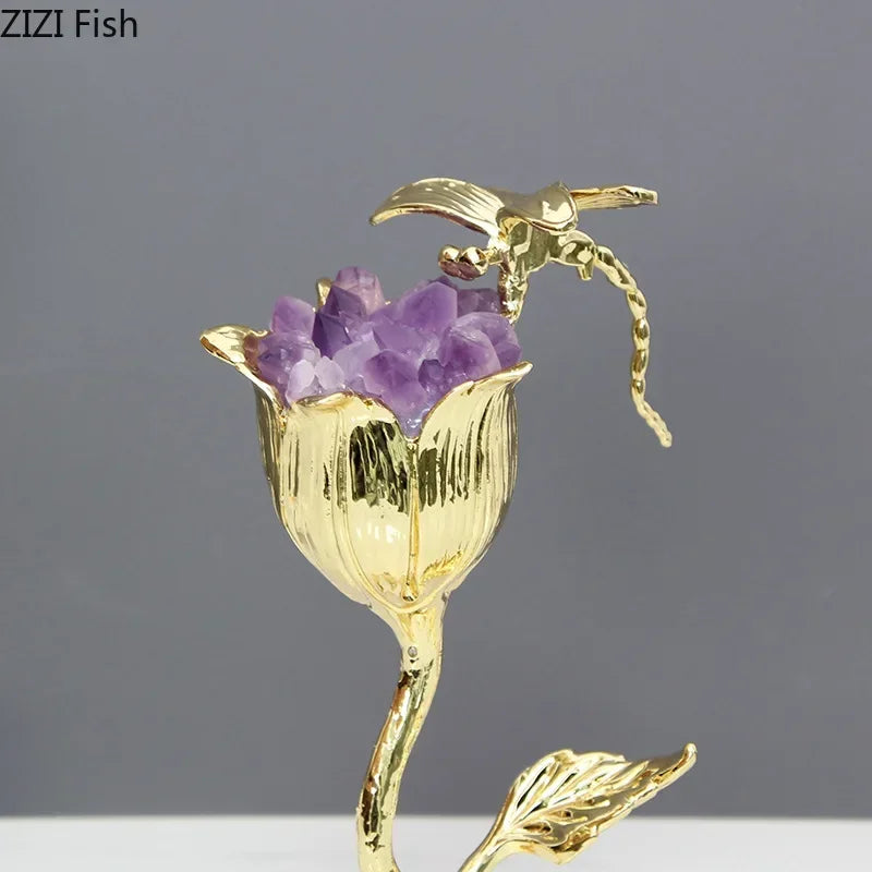 Afralia™ Amethyst Flower Ornaments Gold-plated Dragonfly Decor Sculpture Room Decor
