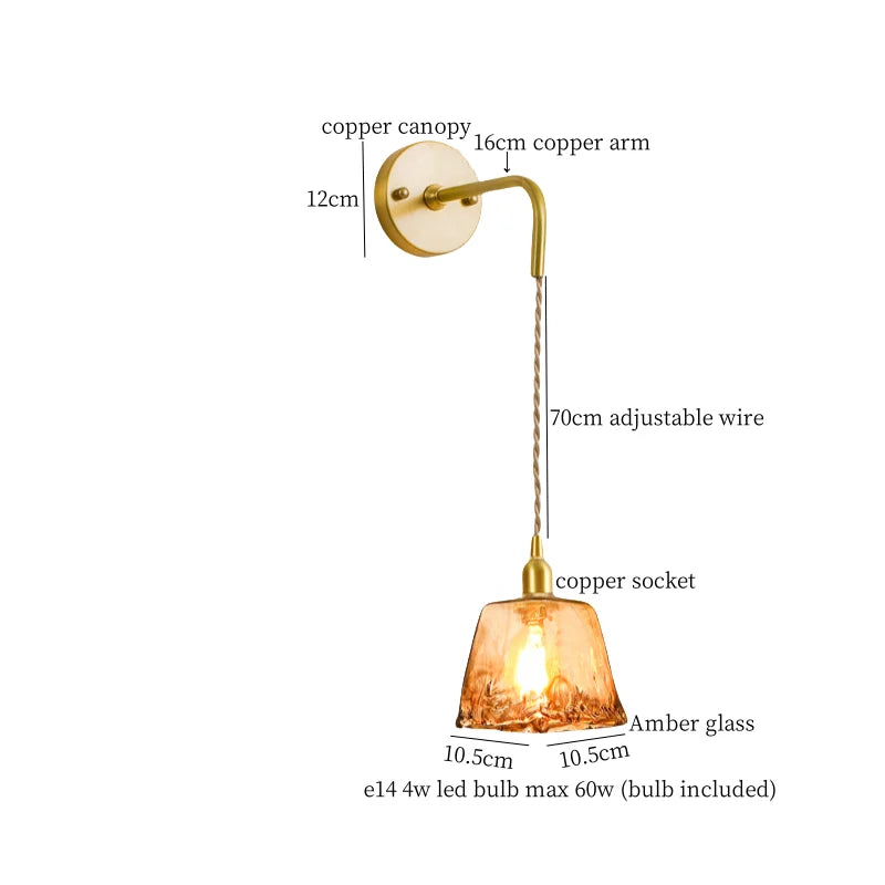 Afralia™ Amber Glass LED Wall Lamp for Bedroom Minimalistic Copper Lighting