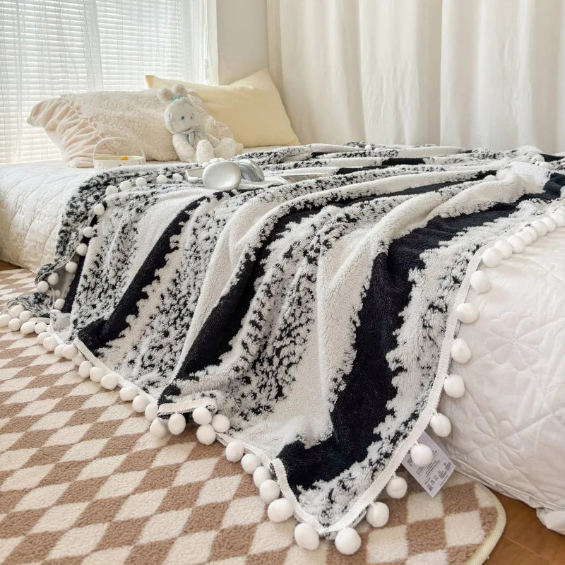 Afralia™ Jacquard Fluffy Ball Lace Blanket | Double Sided Fluff Warm Sofa Cover