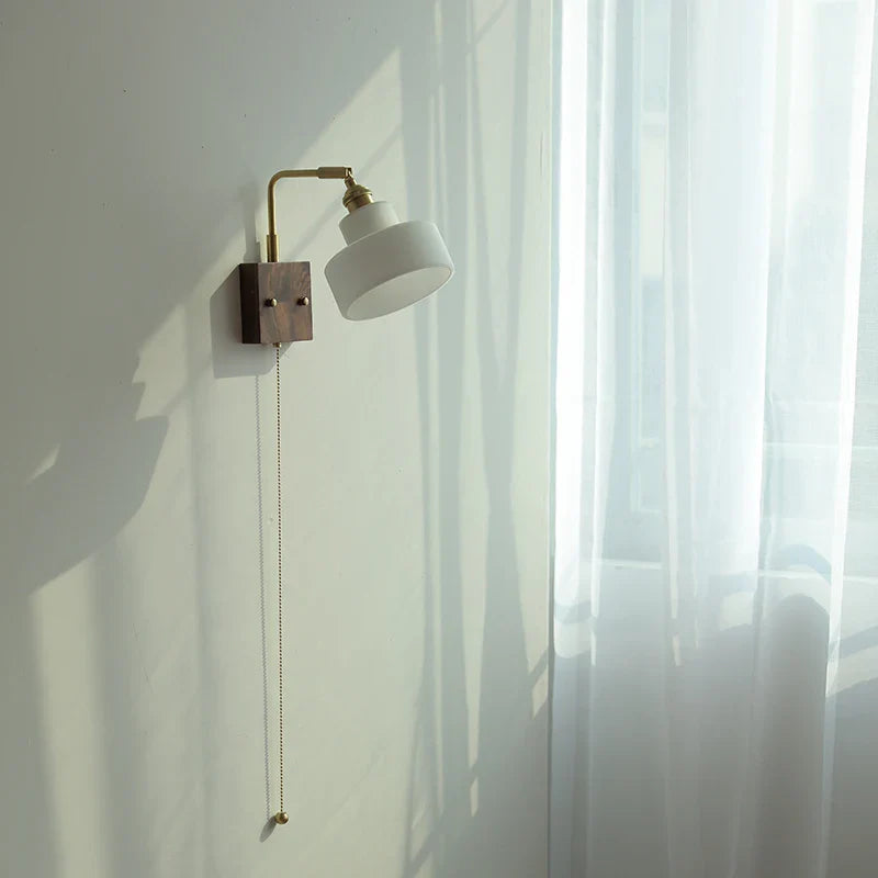Afralia™ White Glass LED Wall Light Fixture Walnut Wood Brass Pull Chain Switch