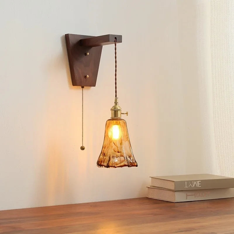Afralia™ Walnut Copper LED Wall Lamp Sconce with Pull Chain Switch, Nordic Stair Light Fixtures