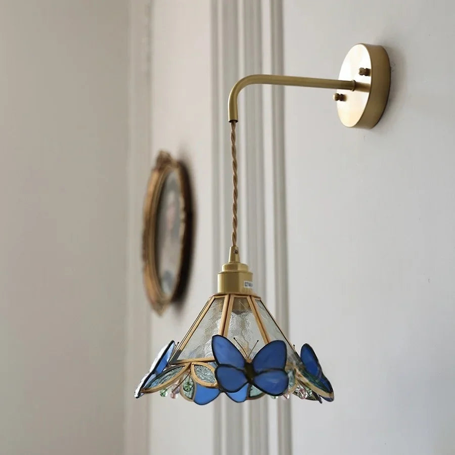 Afralia™ LED Butterfly Glass Wall Lamp Sconce with Pull Chain Switch