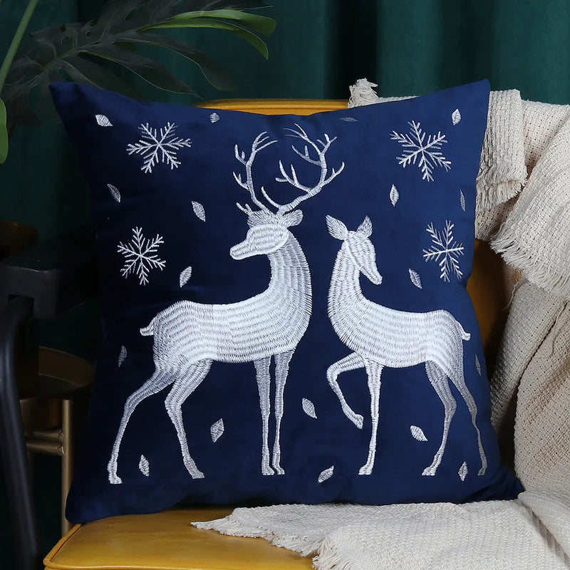 Afralia™ Christmas Elk Embroidered Cushion Cover | Gold & Silver Stamped Holiday Decor