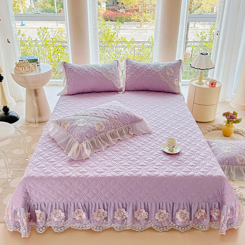 Afralia™ Pink Cotton Quilted Bedspread Set with Lace Edge and Pillowcases