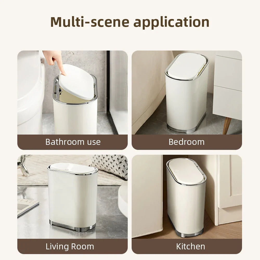 Afralia™ Light Luxury Bathroom Trash Can with Lid for Kitchen, Living Room - Waterproof Narrow Waste Bin