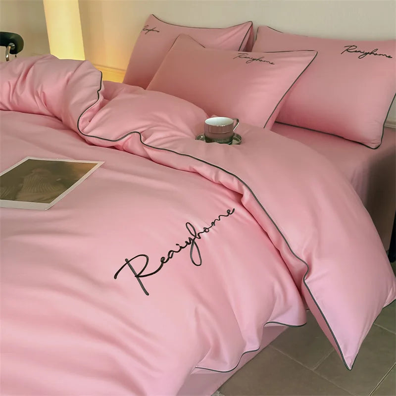 Afralia™ Pure Cotton Luxury Embroidery Bedding Set - Nordic Solid Color Duvet Bedclothes