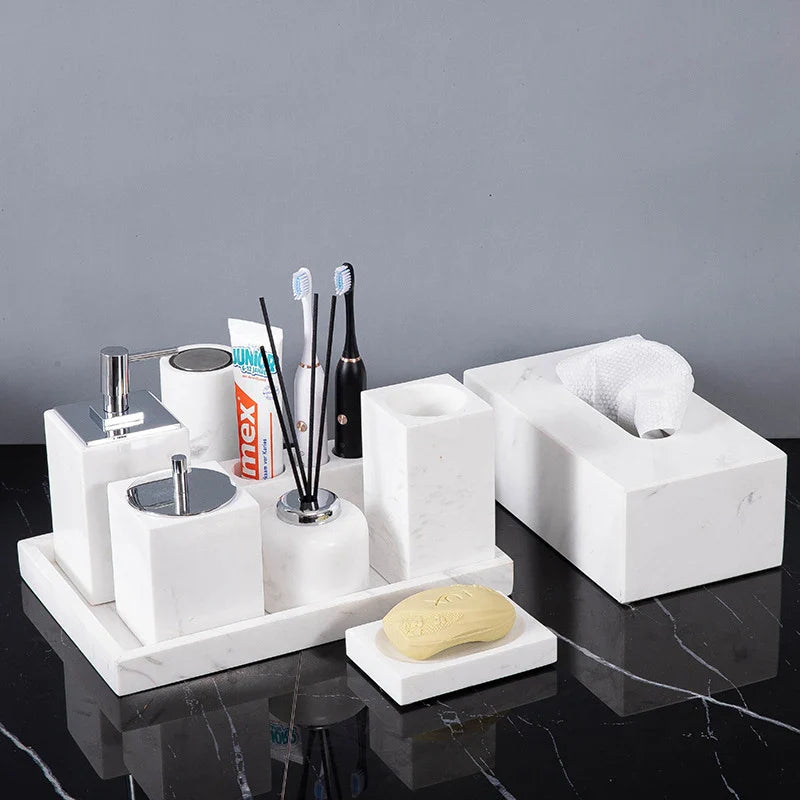 Afralia™ Volakas White Marble Bathroom Set: Soap Dispenser, Toothbrush Holder, Tray