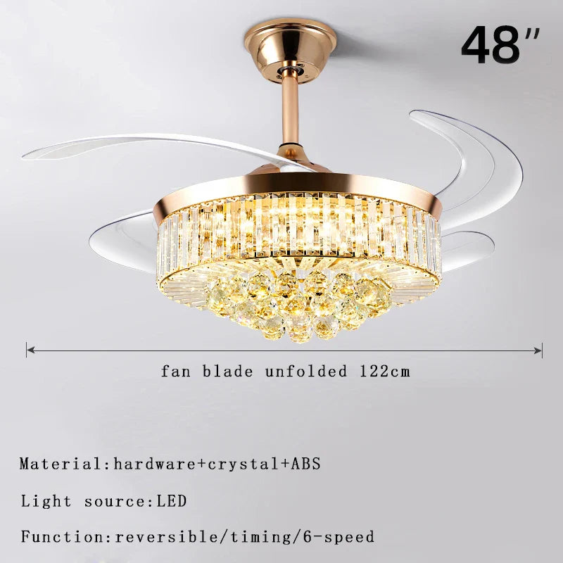 Afralia™ Luxury Crystal Ceiling Fan Lights Remote Control, Modern Retractable Chandelier Fan