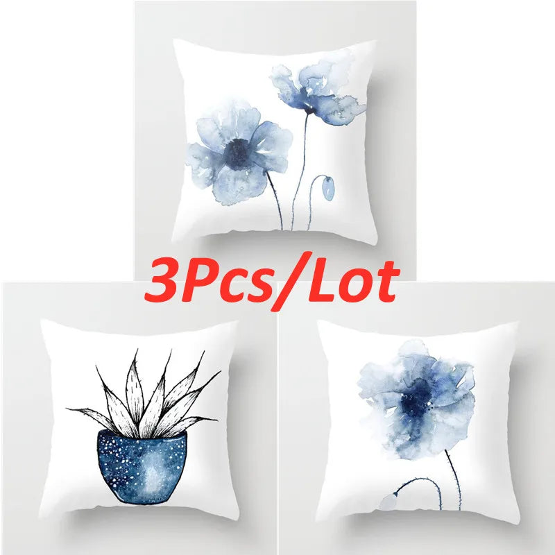 Afralia™ Blue Ink Flower Cushion Cover Set - Nordic Style Sofa Pillowcase Trio for Home Decoration