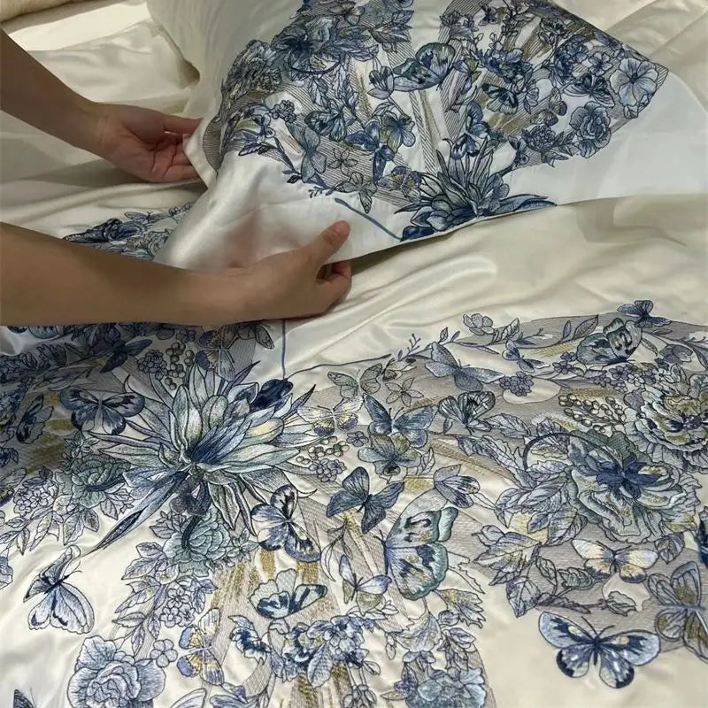 Afralia™ Butterfly Flowers Embroidery Luxury Bedding Set 4Pcs