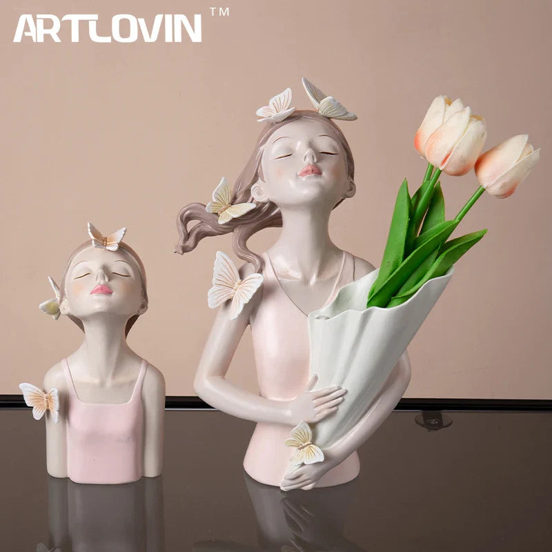 Afralia™ Butterfly Girl Sculpture Vase Set - Modern Decorative Resin Flower Ornaments