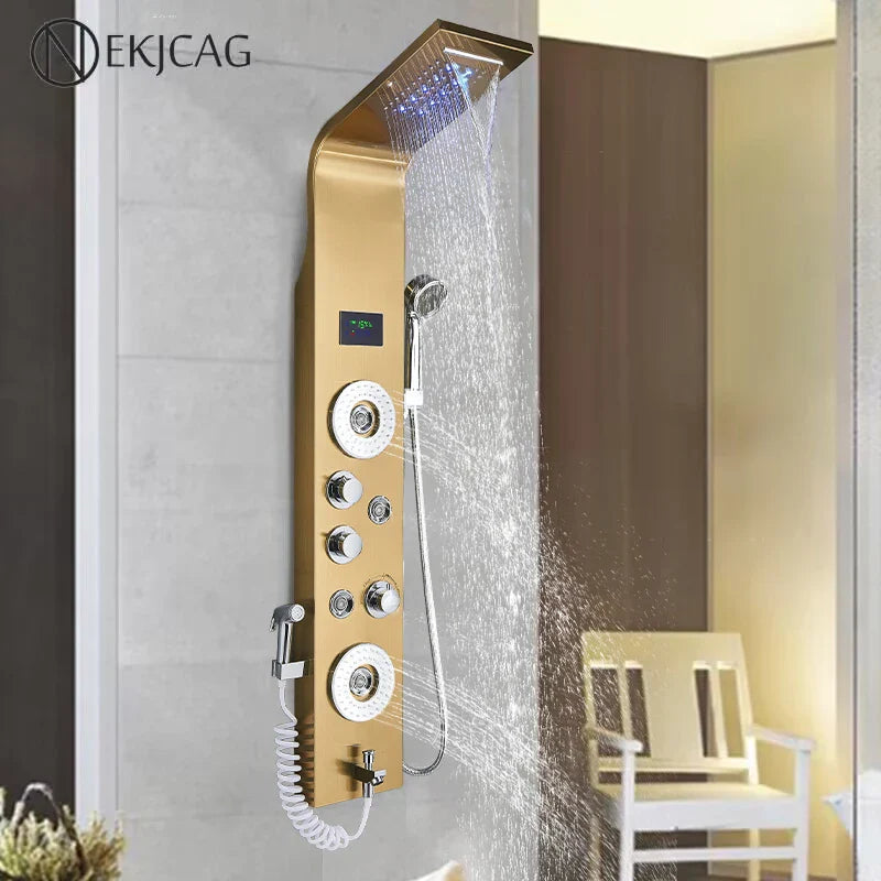 Afralia™ LED Blue Light Shower System with Temperature Display, Massage Column, Waterfall Rainfall