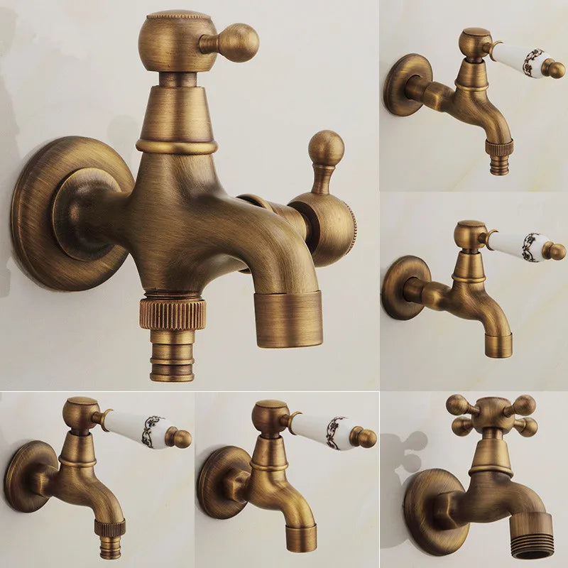 Afralia™ Antique Brass Dragon Carved Outdoor Washing Machine Faucet Cold Tap