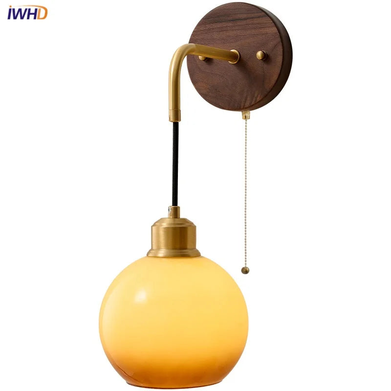 Afralia™ Wood LED Wall Lamp with Pull Chain Switch for Living Room, Dining Room, Bathroom