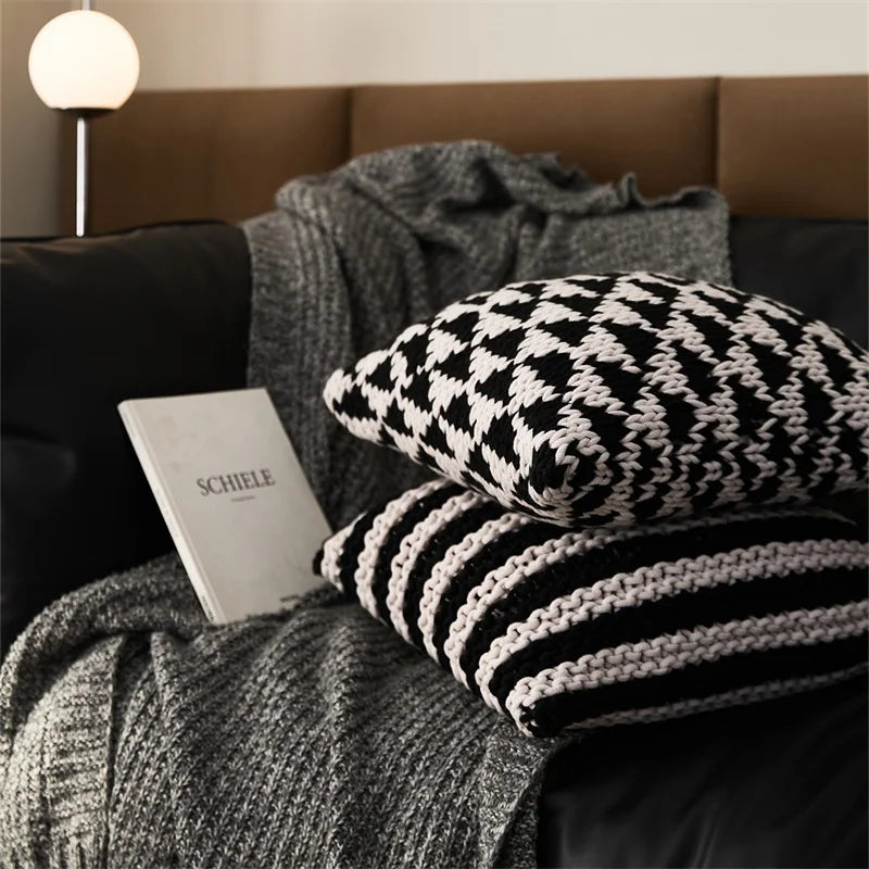 Afralia™ Geo Knit Stripe Woven Square Pillow 45x45cm Black Ivory Insets