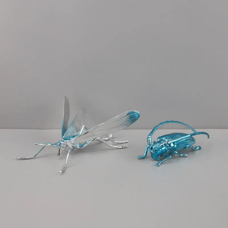 Afralia™ Silvery Insect Dragonfly Unicorn Beetle Figurines for Home Decoration