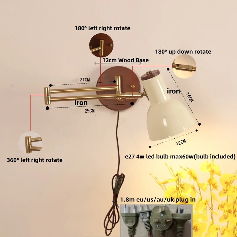 Afralia™ Modern Rotatable Wall Lamp with Long Swing Arm for Bedroom and Hotel