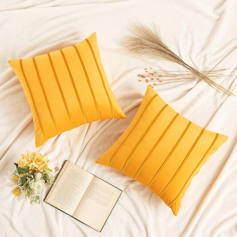 Afralia™ Velvet Striped Throw Pillow Covers Set, Yellow Lumbar Rectangle Cushion Covers